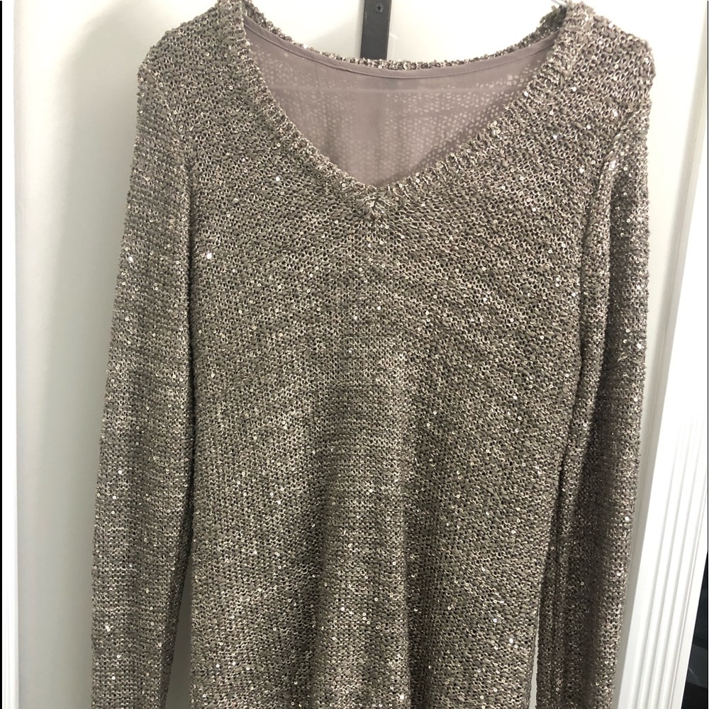 Women taupe sparkly sweater.